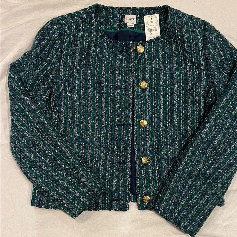 J. Crew  Factory Teal Tweed Jacket with Gold Accents